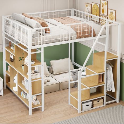 Cama alta 204x193x170 cm, con escalera con almacenaje, espacio inferior multifuncional, metal y madera, blanco (1/5)