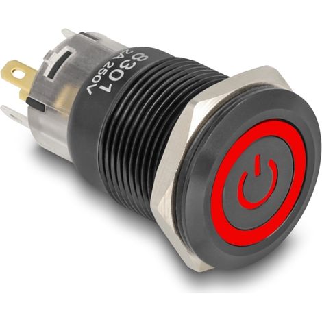 Delock Pulsador de instalaciÃ³n negro 19 mm 12 V 5 x conexiÃ³n soldar LED rojo sÃ­mbolo de encendido + anillo