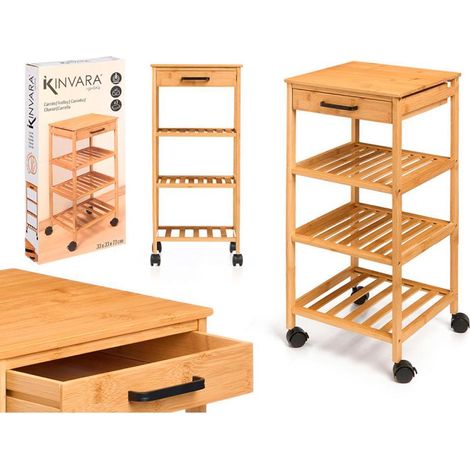 KINVARA verdulero bambu 9x68x33 cm , Verdulero de bambú 3 niveles con cajón 68 x 33 x 9 cm, una solución práctica y decorativa para mantener frutas, verduras y otros alimentos orga