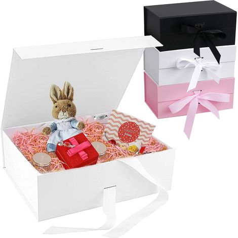 Boite Cadeau avec Bowknot, Magnetique Boite Cadeau Vide 21 x 17 x 7 cm, Pliable Cadeau Boîte avec Couvercle Cadeau Rectangulaire Boîte pour Mariages, Anniversaires, Valentin, Noel (Blanc) (1/5)