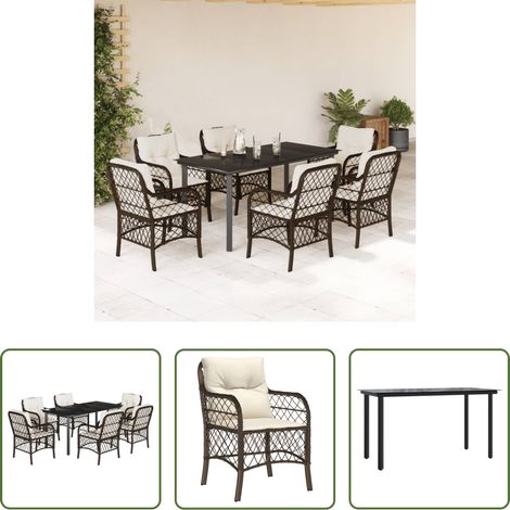 vidaXL Chaise de jardin - Ensemble à manger de jardin et coussins 7 pcs marron rotin (1/5)
