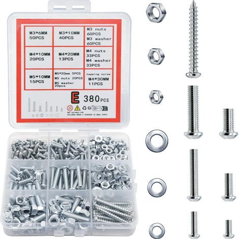 380PCS Vis à Tête Cylindrique avec écrous et Rondelles Assortiment, M3/M4/M5 Vis à Tête Hexagonale et écrous et Boulons pour Bureau Domicile Industriel électronique(argent 380) (1/5)