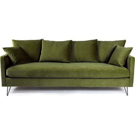 Canapé convertible 3 places en velours pieds épingles noirs - Vert olive - VILLABON (1/5)