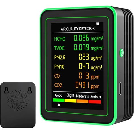 Détecteur et moniteur de qualité de l'air 6 en 1, détecteur de dioxyde de carbone multifonctionnel, analyseur d'air intérieur rechargeable pour PM2.5, PM10, CO, CO2, HCHO, TVOC (1/5)