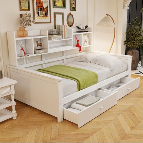 Sofá cama de madera blanco 90x200 cm con cajones, estantes laterales y somier de láminas (1/5)