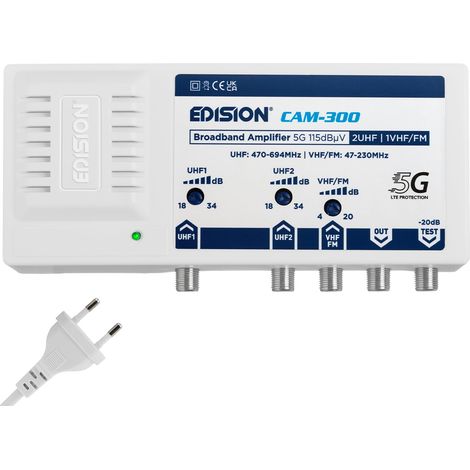 CAM-300 Amplificateur Antenne TV TNT Centrale Multibande, 2UHF, 1VHF/FM, 18-34db Réglable, 115dBmV, pour Numérique Terrestre DVB-T/T2, avec Filtre 5G LTE, UHF 470-694Mhz, VHF/FM 47-230MHz (1/5)