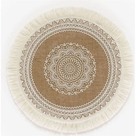 Lot de 4 sets de table ronds imprimés bohèmes – Sets de table en jute avec pompons de 38,1 cm pour décoration de table de salle à manger (1/5)