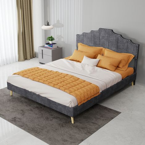 Lit moderne minimaliste et moelleux avec tête de lit confortable et douce, cadre de lit bas sans vérin à gaz, 140 x 200 cm, gris, meuble de chambre multifonctionnel, matelas non inclus (1/5)