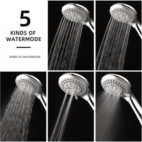 Soffione doccia + tubo flessibile da 1,5 metri, soffione doccia per bagno, 5 modalità di getto ad alta pressione, risparmio idrico - cromato. (1/5)