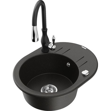 Mexen Kevin lavello in granito a una vasca con scolapiatti e rubinetto da cucina Savita, nero/oro metallizzato (1/5)
