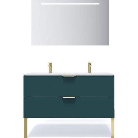 Meuble de salle de bain suspendu double vasque intégrée 120cm 2 tiroirs Bleu + miroir - Venice (1/5)