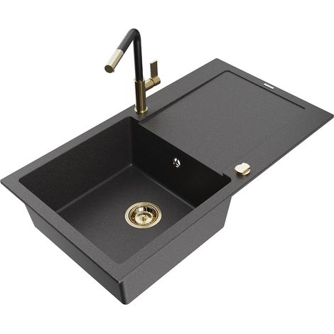 Mexen Leo 1 Becken-Granitspüle mit Abtropffläche und Mischbatterie Flora, Schwarz gesprenkelt - 6501 (1/5)