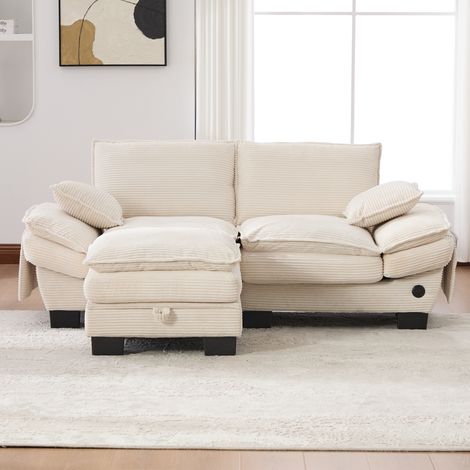 Canapé modulaire 2 places en velours côtelé avec pouf – assise large, design ergonomique, mousse haute densité, port USB-C et poches latérales. Idéal salon, bureau ou lounge. Beige (1/5)