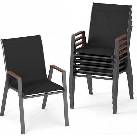 Lot de 6 Chaises de Jardin Extérieur, avec Dossier, Chaise Empilable, Accoudoirs, Cadre en Métal, Charge 180KG pour Terrasse, Patio, Noir (1/5)