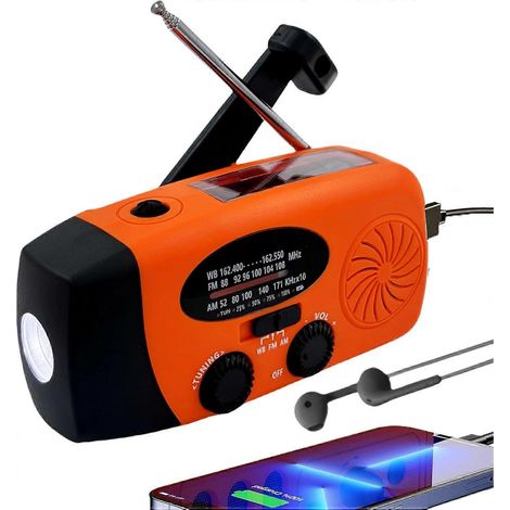 Radio solaire à manivelle, chargeur de téléphone USB rechargeable 2000 mAh, radio météo d'urgence AM/FM à manivelle, alarme SOS pour le camping et la randonnée. (1/5)