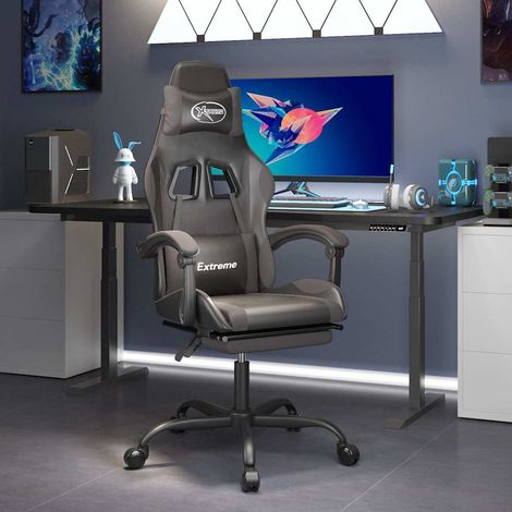vidaXL Silla gaming con reposapiés cuero sintético negro gris (1/5)