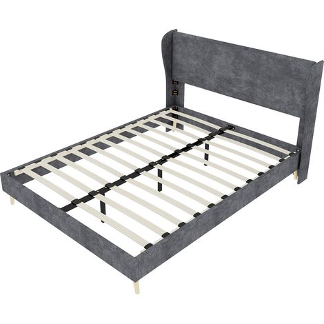Cama tapizada moderna gris 140 x 200 cm con cabecero suave HOMVRA (1/5)