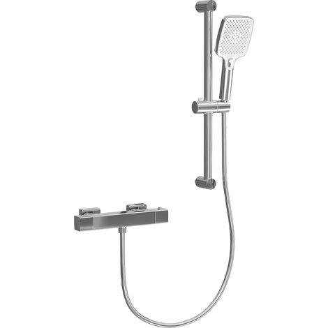 Colonne de douche thermostatique avec mitigeur – Sécurité 38°C anti‑brûlure – Douchette 5 jets – Barre inox 304 réglable – Flexible inox 1,5 m – Finition chromée – Square outlet - stainless steel slid
