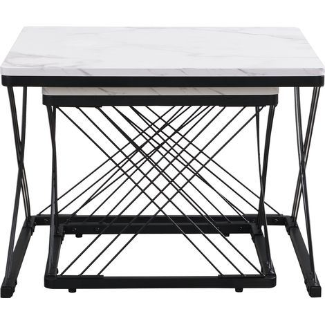 Set de 2 tables basses carrées 60x60x45 et 45x45x40 cm effet marbre brillant MDF (1/5)