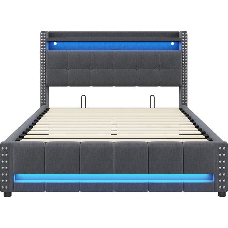Cama canapé 140 x 200 cm con LED, USB, almacenaje y tela de lino gris HOMVRA (1/5)