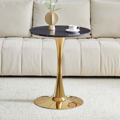 Table ronde d’appoint Ø60 cm effet marbre noir, table basse moderne en MDF avec pieds métal doré, table café élégante pour salon (1/5)