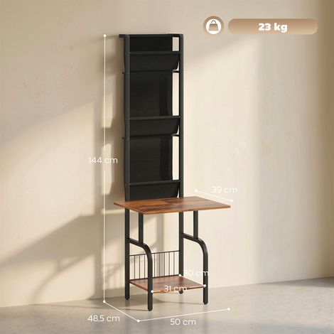 Présentoir à CD industriel, support de rangement pour CD et DVD avec 3 poches en tissu et plateau, aspect bois rustique marron (1/5)