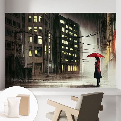 Papier peint intissé pour salon chambre à coucher peint imprimé pour mur - Colle incluse gratuite Ville pluvieuse 104x70 cm (1/5)
