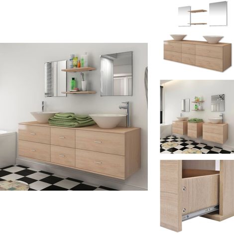 7-tlg. Badmöbel und Waschbecken Set Beige - Badmöbel - Badmöbel-Set - Waschtisch - Waschbecken - Holzwerkstoff (1/5)