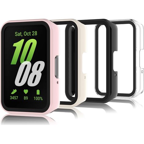4 Pièces Coque Compatible avec Samsung Galaxy Fit 3, Coque Rigide en PC avec Protecteur d'écran, Coque HD avec Verre Trempé - Transparent,Noir,Rose,Blanc (1/5)