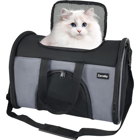 Sac Transport Chat Chien, Sac Transport Respirant et Pliable, Caisse de Transport Chat avec Bandoulière Réglable, Matelas en Peluche Amovible, S, Gris (1/5)