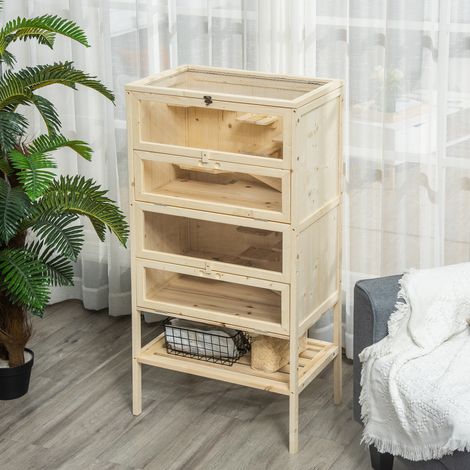 Cage en bois pour hamster, 5 niveaux, cage pour rongeurs, cage pour petits animaux avec toit grillagé et rampes, grande cage en bois, cage pour souris, cage pour hamsters et hamsters nains, 60 x 40 x (1/5)