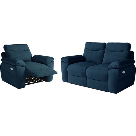 PACK - Canapé de relaxation ROSS électrique 2 places et fauteuil en tissu texturé 3D - Bleu foncé