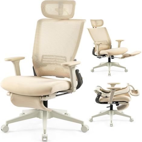 Ergonomischer Klappbürostuhl mit Fußstütze, atmungsaktiver Netzrückenlehne, verstellbarer Lendenwirbelstütze, komfortabler beigefarbener Bürostuhl