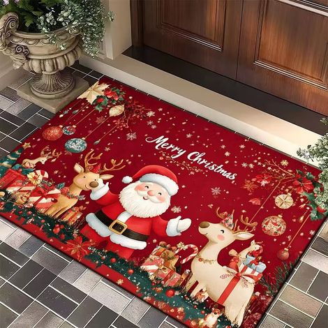 Paillasson d'entrée personnalisé Père Noël et élan, motif sapin de Noël à boules rouges, tapis d'entrée antidérapant discret pour salle de bain, cuisine, décoration d'intérieur, 6090cm