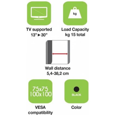 Support Mural Écran LCD - 15 Kg - Compatible 33 à 76,2 Cm - Montage 75 x 75 à 100 x 100 Mm - Noir - 1 Pièce (1/4)