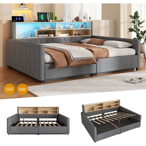 Lit double - Méridienne, 140 x 200 cm, suspension hydraulique, prise électrique, port USB, éclairage LED, sans matelas, Gris (1/5)