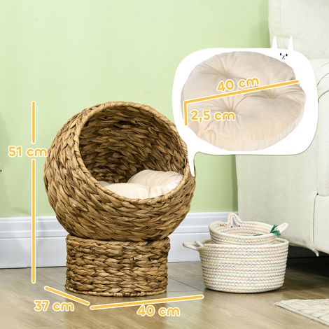 Panier pour chat en rotin, niche pour chat, maison pour chat, lit pour chat avec coussin, couchage pour animal de compagnie, jacinthe d'eau, marron, 40 x 37 x 51 cm (1/5)