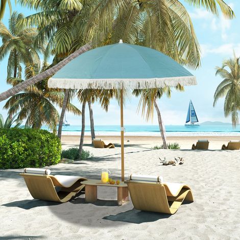 Parasol plage mât effet bois Ø1,7 m, grand parasol franges hauteur réglable, UPF50+, sac transport, bleu clair