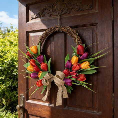 Couronne de fleurs artificielles de style européen, fleurs colorées à suspendre pour la décoration intérieure et extérieure, cercle en rotin orange, rouge et violet (1/5)