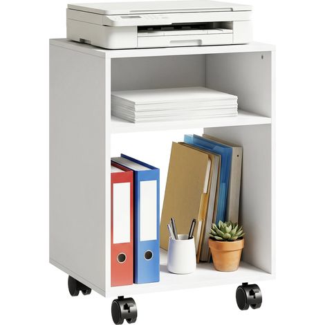 Mobile Porta Stampante in Legno con Ruote a Freno e 2 Scomparti Aperti, 40x35x55 cm, per Ufficio Studio, Bianco