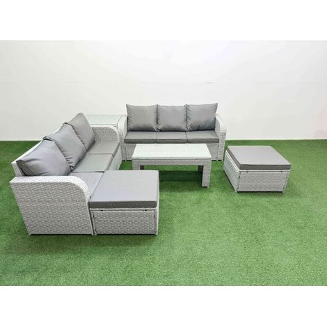 Fimous Outdoor Garden Furniture Sets 8 Seater Wicker Rattan Furniture Sofa Sets with Oblong Coffee Table high Back Lounge Sofa 2 Big Footstool Side Table Light Grey (1/4)