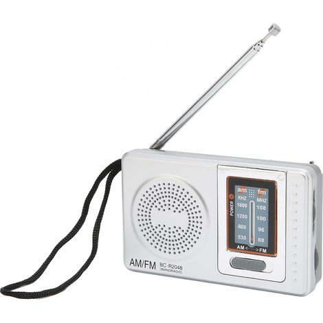 Radio AM/FM de poche gris argenté, format compact et design simple, alimentée par piles AA, idéale pour les parents et grands-parents. (1/5)