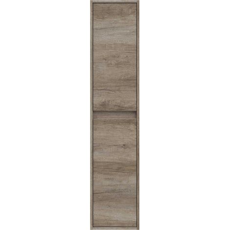 Pegane – Colonne de salle de bain suspendue 2 portes en chêne mélamine – Dimensions 30x140x25,5 cm – Accès pratique aux étagères