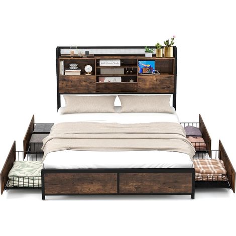 COSTWAY Cama Doble con Cajones 160 x 200 cm, Estructura Cama de Metal con Estación de Carga, Cama Matrimonio No Requiere Somier, Marrón Vintage (1/5)