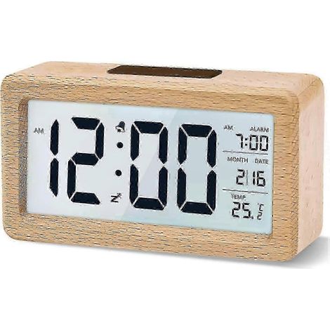 Horloge numérique en bois avec affichage LCD de la température et fonction snooze (1/5)