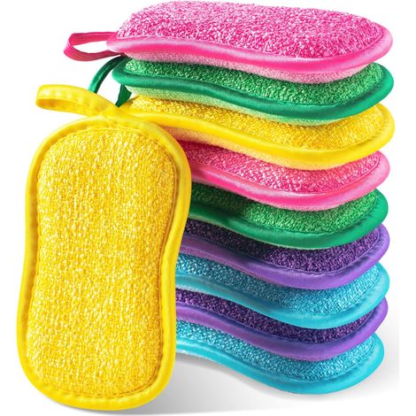 10 wiederverwendbare waschbare Mikrofaser-Geschirrspülschwämme für Küchenteller, Pfannen (5 Farben – 10 Stück) (1/5)
