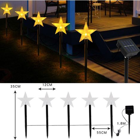 Lampes solaires à piquer pour sapin Noël, lumière chaude LED, décor étoile flocon neige, décoration extérieur jardin pelouse parc, étoile cinq branches à énergie solaire (1/3)