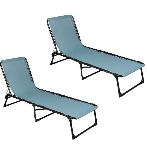 Lot de 2 bains de soleil en textilène bleu gris et métal