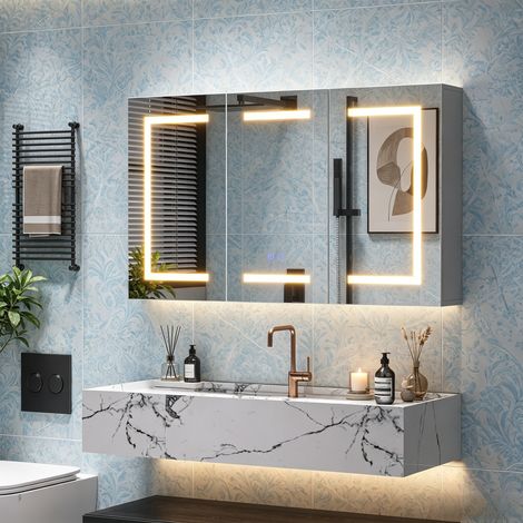 JOOKGBD–Armadio da bagno con specchio LED,sbrinatore,3 temperature di luce,dimmerabile,comando tattile,ripiani regolabili,metallo,100x60cm