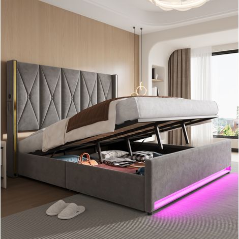 Letto contenitore 190x213x141 cm, testiera alta trapuntata con USB e LED, tasche laterali, velluto grigio scuro (1/5)
